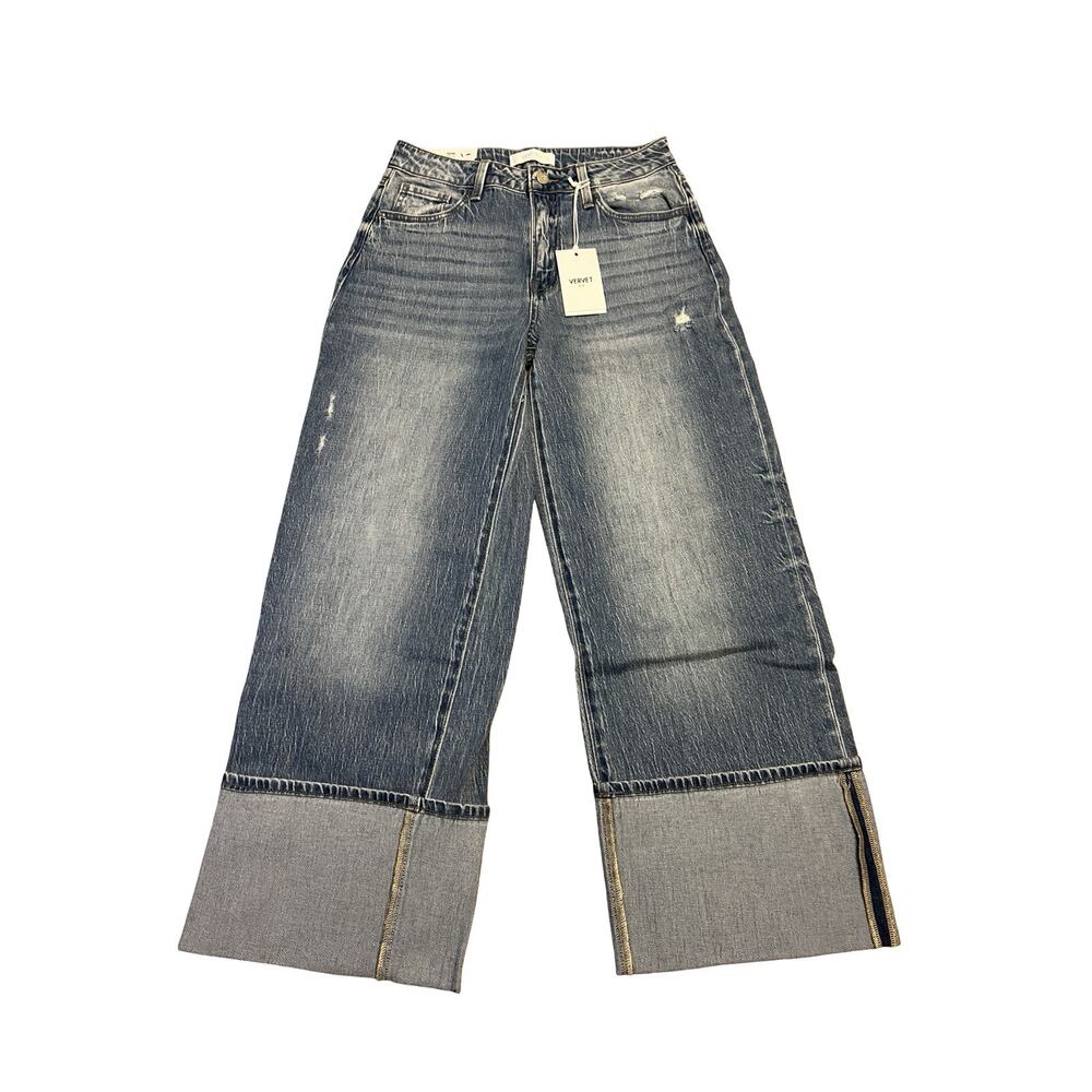 VERVET BLUE Womens Olivia Jeans 27 Wide Leg Cuffed Distressed Denim NWT